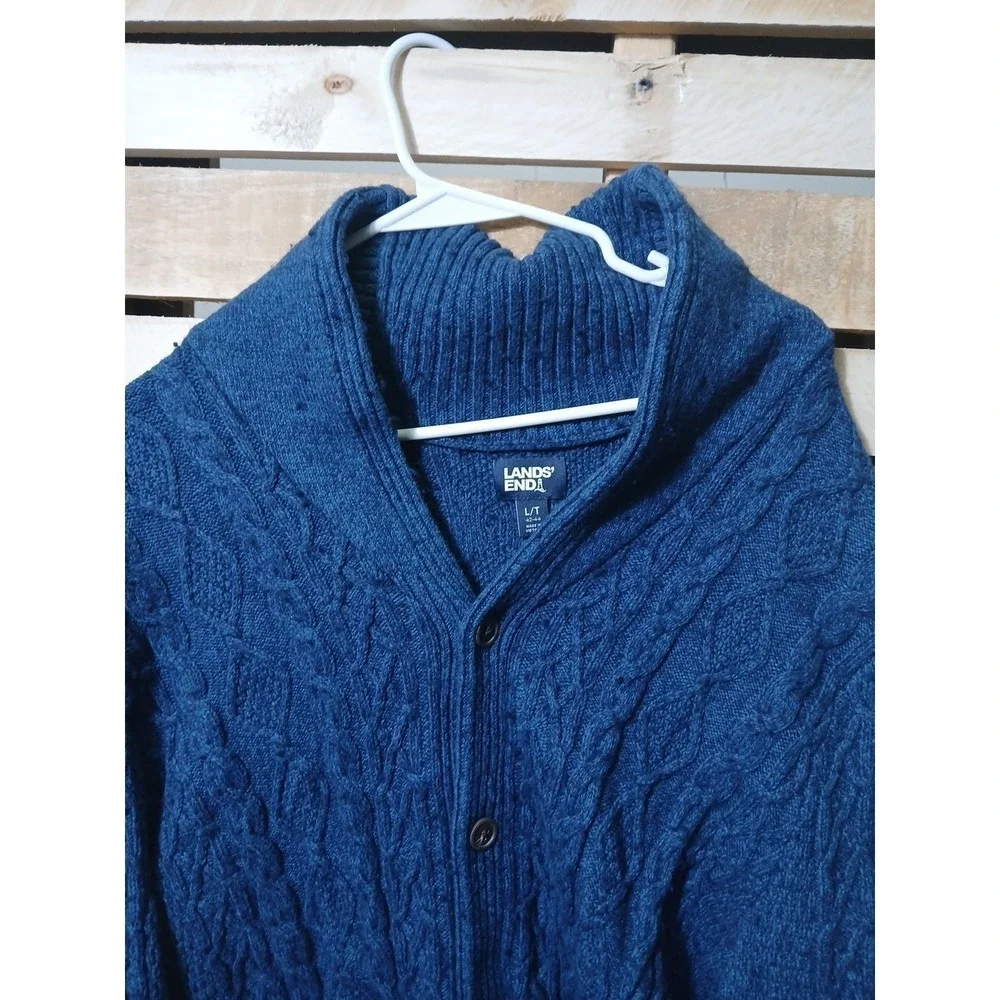 Lands End Men's Cardigan Sweater‎ Grandpa Cableknit Shawl Large Wool Blend!
